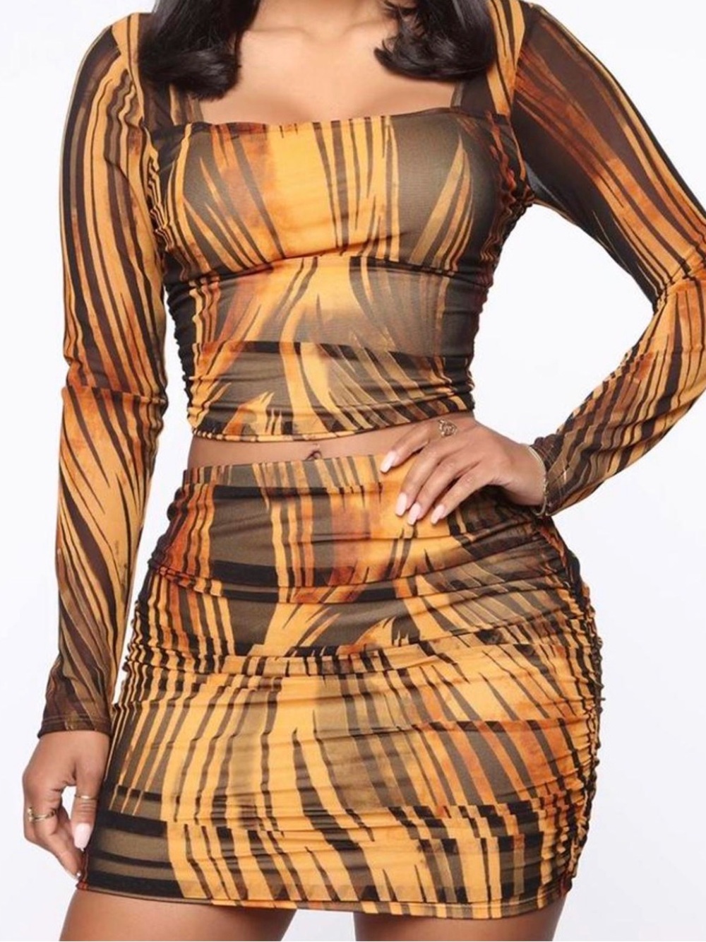 Fashion Nova Amber & Black Abstract Ruched Midi Set